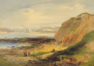 Landscape with boats near a distant city